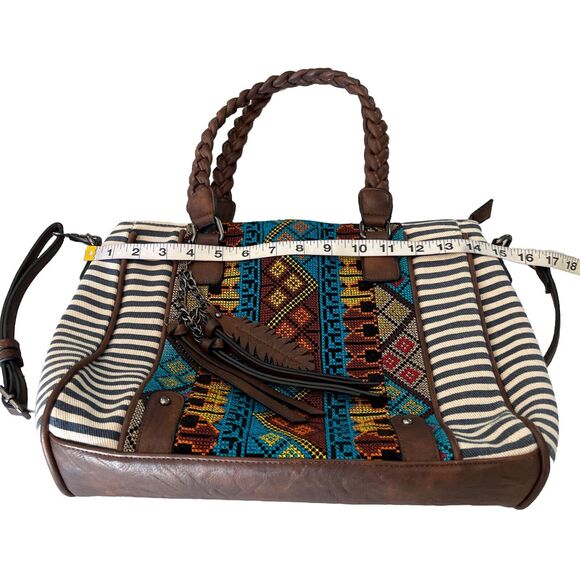 MMS Aztec & Stripe Print Satchel Tote w/Fringes Purse Handbag Removable Strap - Picture 13 of 16